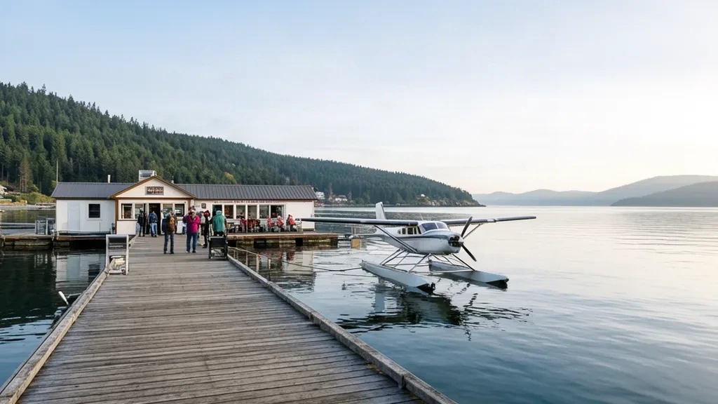 Saturna Adası, British Columbia'daki Lyall Harbour Deniz Uçağı Üssü'ne yanaşmış deniz uçağı, arka planda sakin su ve ormanlık tepeler.