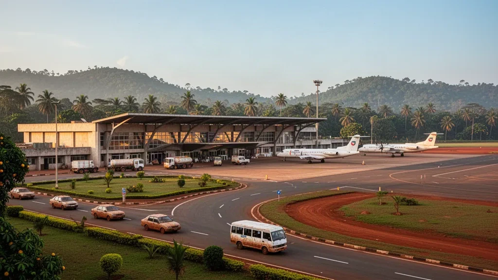 Kamerun'daki Yaoundé Ville Havalimanı'nda yeşil tepeler ve sıcak tropikal ışıkla çevrili, park etmiş uçakların bulunduğu alçak tropikal havalimanı terminali ve apronu