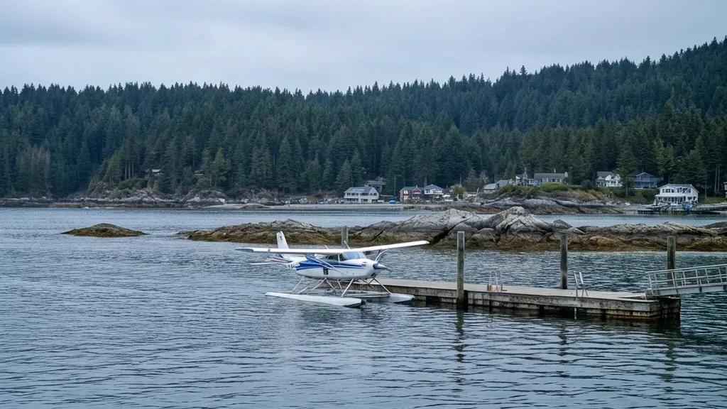 Wasserflugzeug am Holzsteg des Mayne Island Seaplane Base (YAV) in British Columbia, umgeben von ruhigem Hafenwasser und immergrünem Wald.
