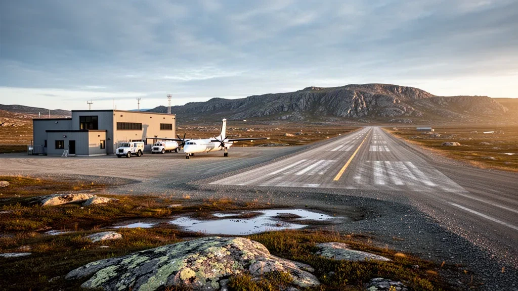 Pista remota de grava y edificio terminal utilitario en el Aeropuerto de Donaldson en Nunavik, Quebec, bajo la baja luz solar del ártico