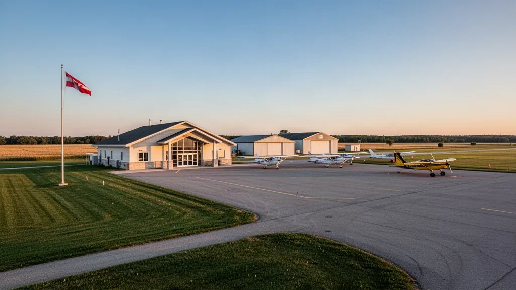 Kırsal Ontario'da küçük bir terminal, hangarlar ve park halindeki hafif uçaklarla Centralia/James T. Field Memorial Aerodrome apronunun altın saat görünümü
