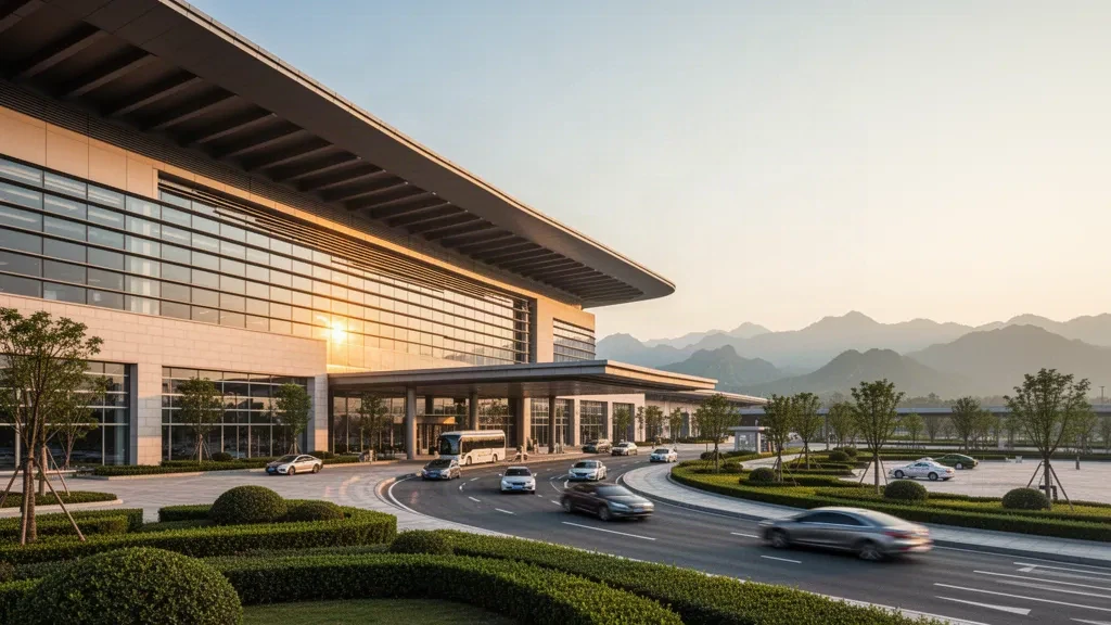 Terminal moderne en verre et voies de dépose incurvées à l'aéroport international Yuncheng Yanhu sous une chaude lumière dorée