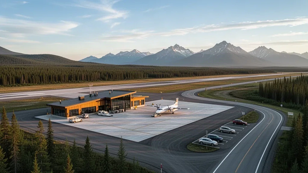 Piccolo terminal aeroportuale regionale e piazzale di sosta dell'aeroporto di Chetwynd, nel nord della Columbia Britannica, circondati da foreste di sempreverdi e dalle colline pedemontane delle Montagne Rocciose.