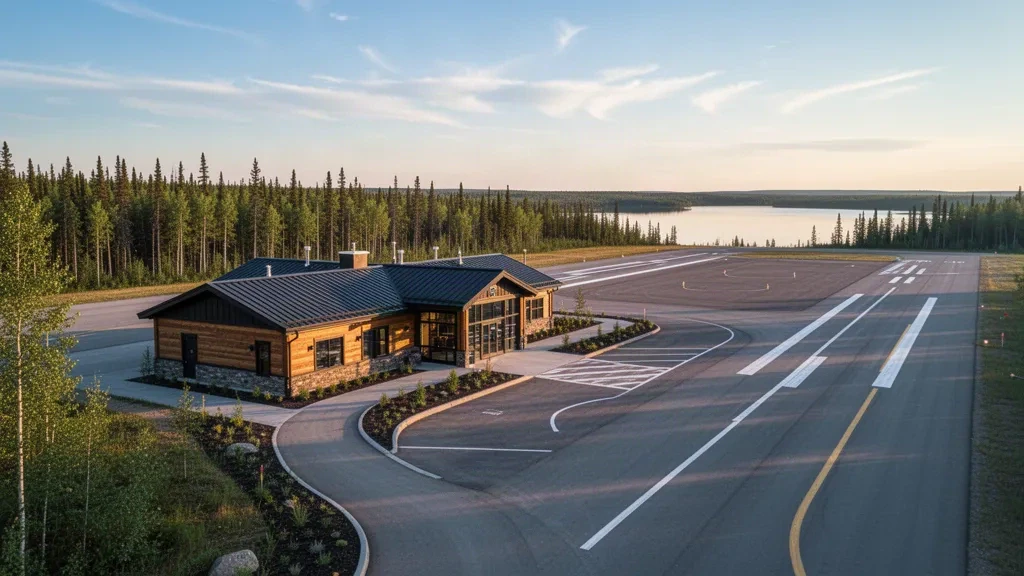 Piccolo terminal aeroportuale remoto e pista fiancheggiata dalla foresta vicino a Hatchet Lake, Saskatchewan, durante l'ora d'oro.