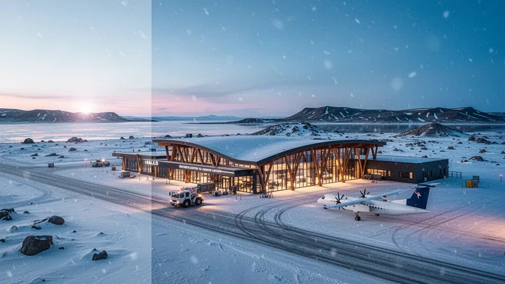 Edificio terminal ártico moderno en el Aeropuerto de Iqaluit, en Nunavut, rodeado de tundra cubierta de nieve bajo un frío crepúsculo azul