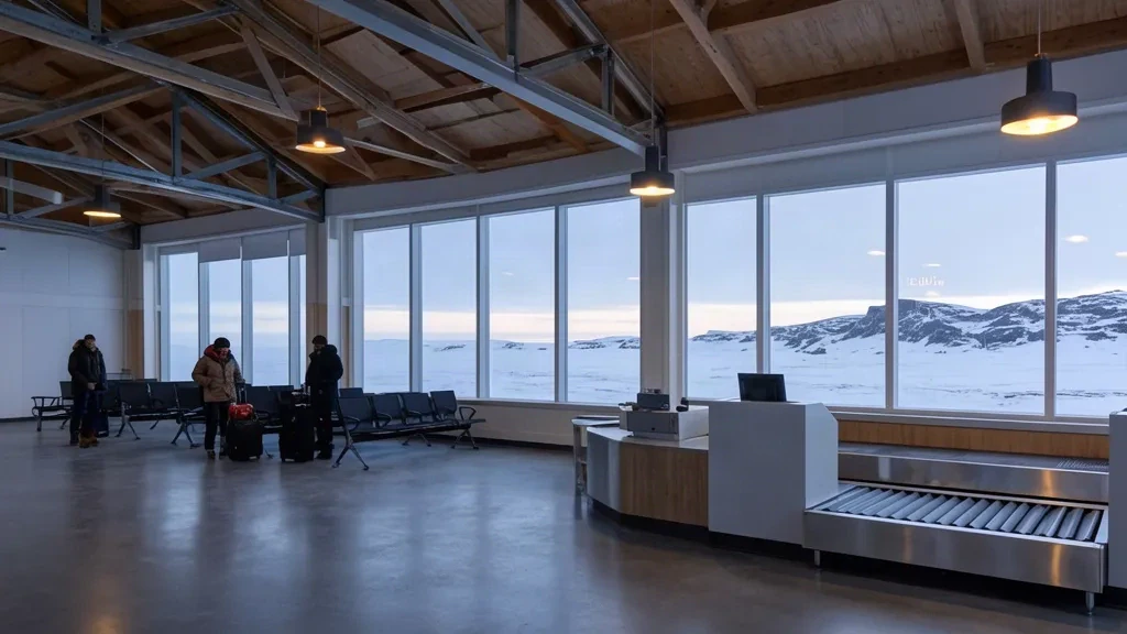 Voyageurs à l'intérieur du terminal YFB de l'aéroport d'Iqaluit, au Nunavut, au Canada, avec la toundra arctique enneigée visible par les fenêtres du terminal
