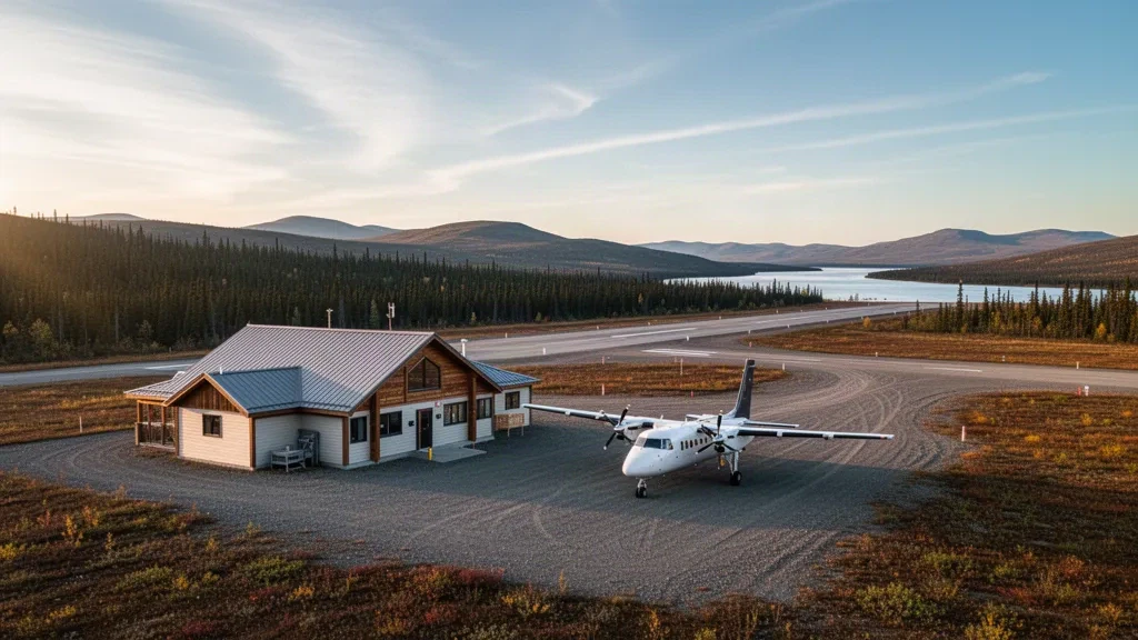 Aéroport de Fort Good Hope dans les Territoires du Nord-Ouest au Canada : terminal en bois, aire de trafic en gravier et un biplan à double turbopropulseur stationné à l'heure dorée