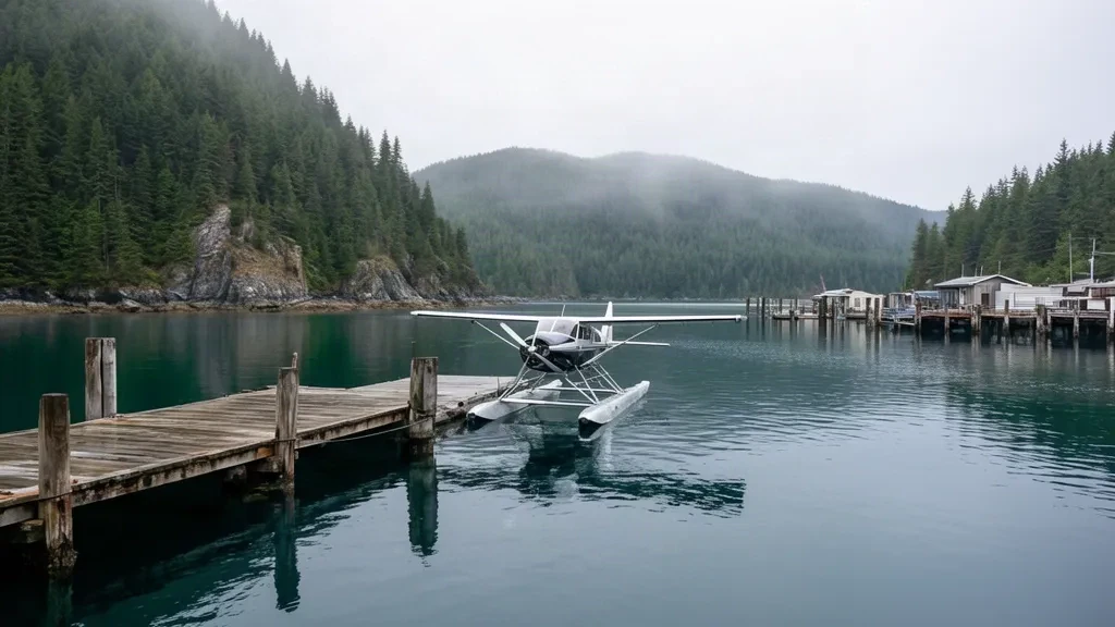 British Columbia, Cortes Adası'ndaki Gorge Harbour Deniz Uçağı Üssü'nde yanaşmış deniz uçağı, ormanlık kıyı girişi sularıyla çevrili.