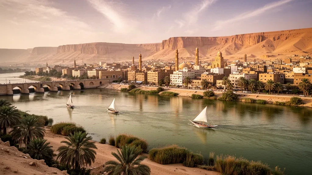 Vista durante la hora dorada sobre la cornisa del Nilo en Asiut, Egipto, con faluchos en el río y el horizonte de la ciudad ante los acantilados del desierto