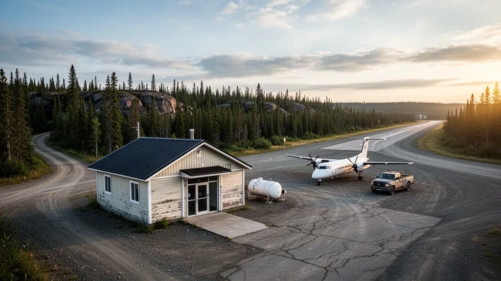 Terminal dell'aeroporto di una comunità remota nel nord dell'Ontario e piazzale in ghiaia accanto alla foresta boreale vicino a Poplar Hill, Canada