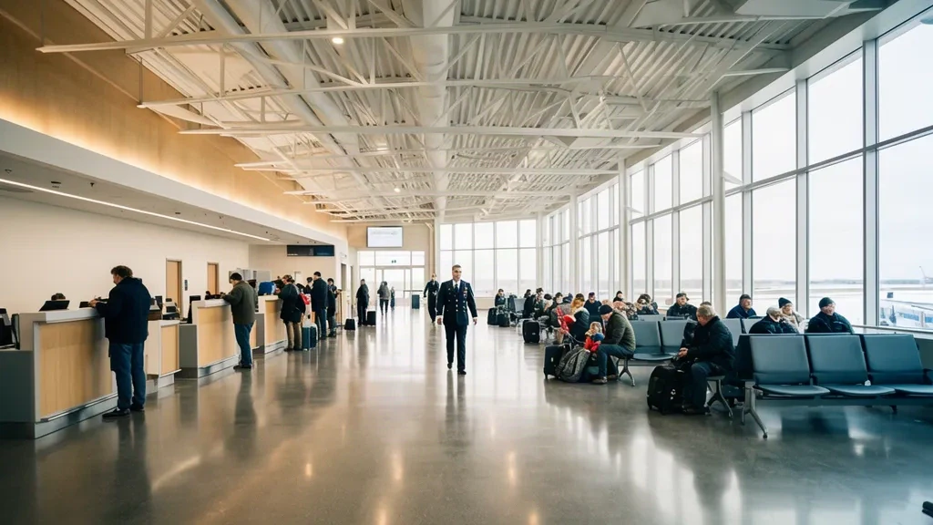 Ontario'daki John C. Munro Hamilton Uluslararası Havalimanı terminalinin içi; check-in ve kalkış salonunda parlak cam duvarların altında yolcular.