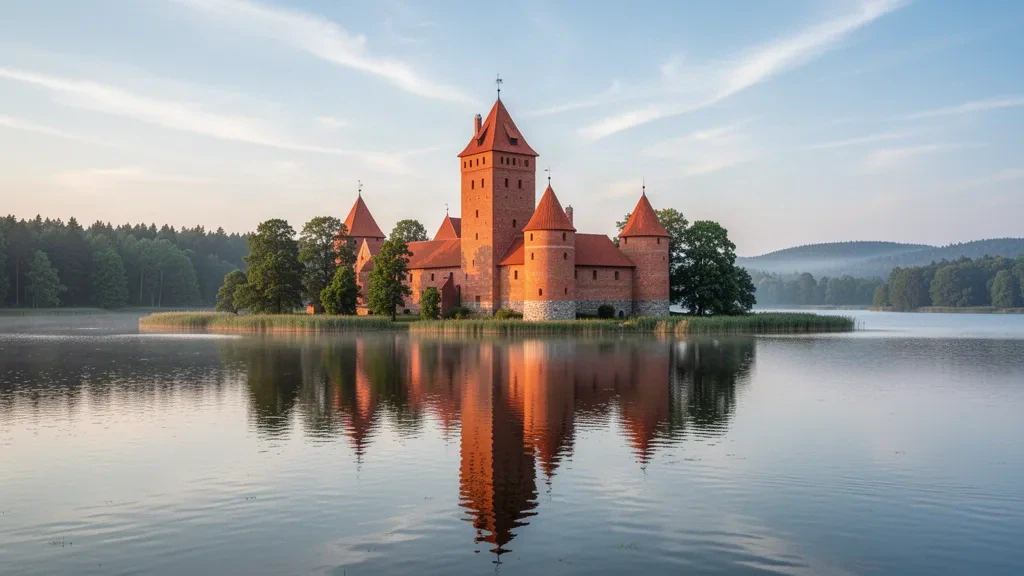 Castello sull'isola di Trakai in Lituania circondato dal lago Galvė, torri gotiche in mattoni rossi e rive boscose nella morbida luce del mattino