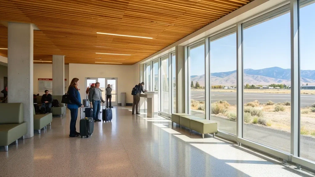 Intérieur ensoleillé de Yakima Air Terminal McAllister Field avec des voyageurs et des parois vitrées donnant sur le tarmac dans l'État de Washington