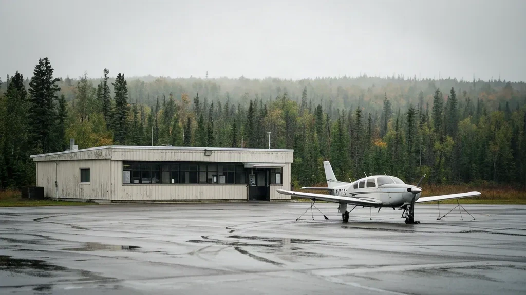 Kuzey Ontario'da, boreal ormanla çevrili Chapleau Havalimanı'ndaki (YLD) küçük tek katlı terminal ve uçak park alanı