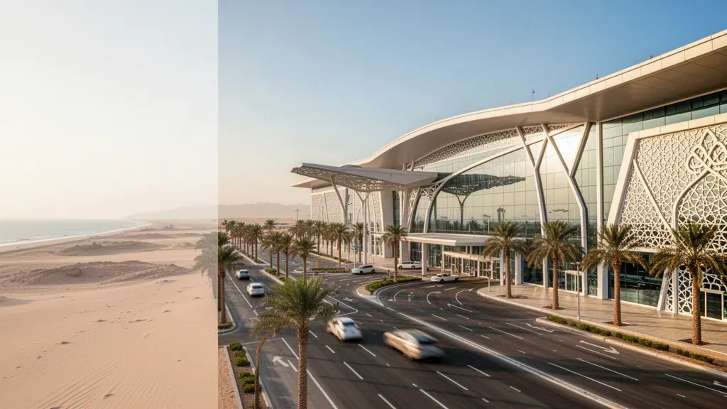 Terminal moderne en verre et voies de dépose bordées de palmiers à l'aéroport Prince Abdulmohsen Bin Abdulaziz à Yanbu, en Arabie saoudite.