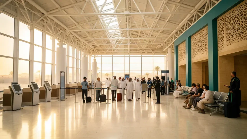 Viaggiatori con bagagli nella luminosa sala partenze dell'Aeroporto Internazionale Prince Abdulmohsen Bin Abdulaziz di Yanbu