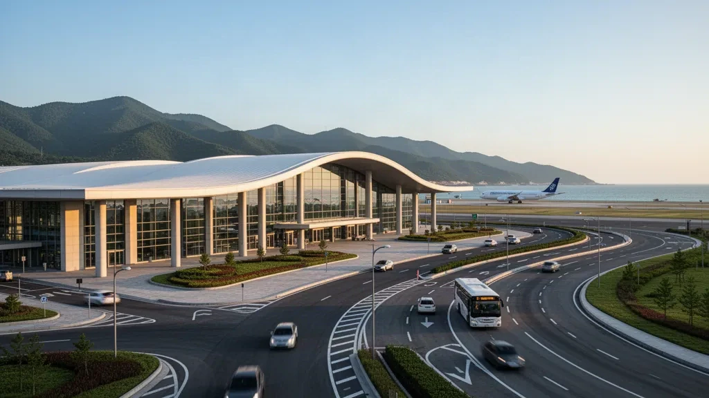 Modernes gläsernes Terminal und geschwungene Vorfahrtspuren am Flughafen Yangyang International in Gangwon, Südkorea, beleuchtet vom warmen Licht der goldenen Stunde.