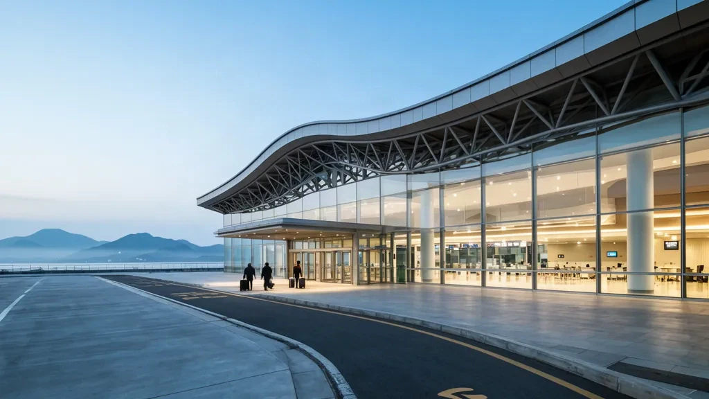 Güney Kore, Gangwon'daki Yangyang Uluslararası Havalimanı YNY'de kavisli cam terminal dış cephesi, kaldırım kenarı indirme-bindirme alanı ve sabah ışığı