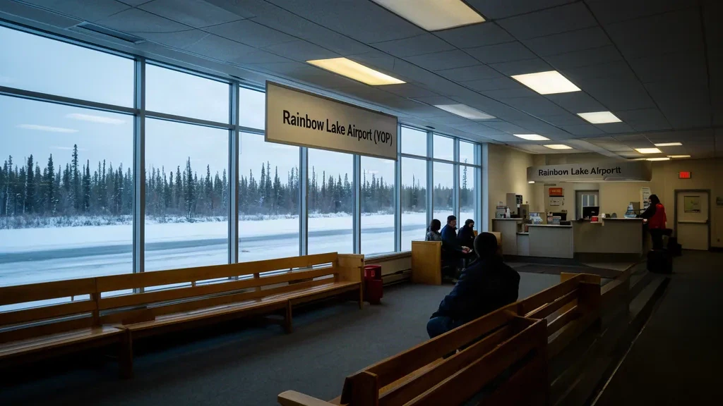 Kanada, Alberta'daki Rainbow Lake Havalimanı YOP terminalinin içi; check-in alanı ve karlı piste bakan pencereler görülüyor.