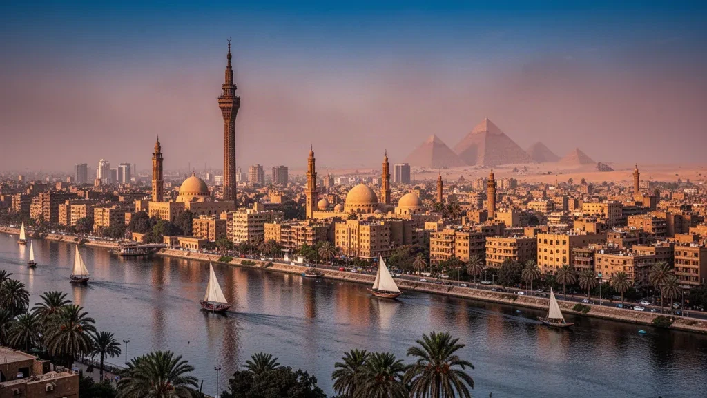 Veduta all'ora d'oro dello skyline del Cairo lungo il fiume Nilo con minareti, feluche e le piramidi di Giza all'orizzonte