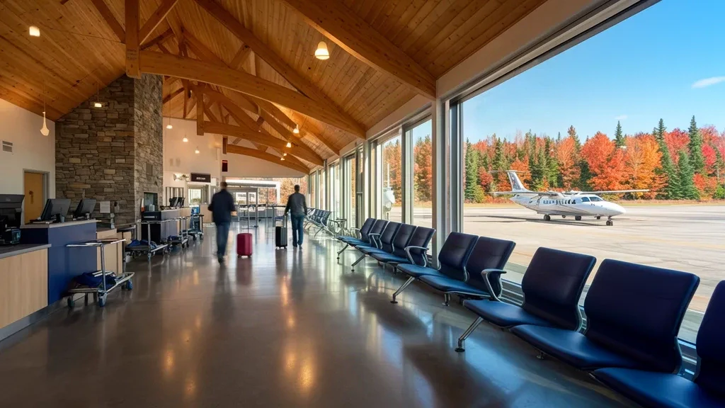 Interno del terminal dell'Aeroporto di Muskoka YQA in Ontario con banchi check-in, area di attesa e viste sulla pista attraverso grandi finestre