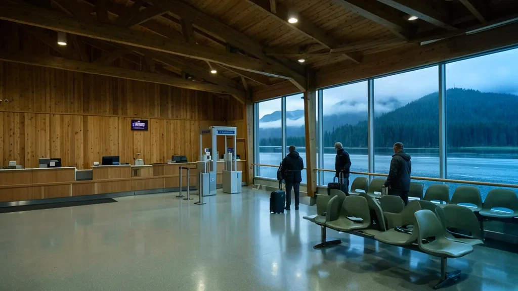Intérieur du terminal YPR de l'aéroport de Prince Rupert sur l'île Digby, en Colombie-Britannique, avec des murs en bois et des vues côtières