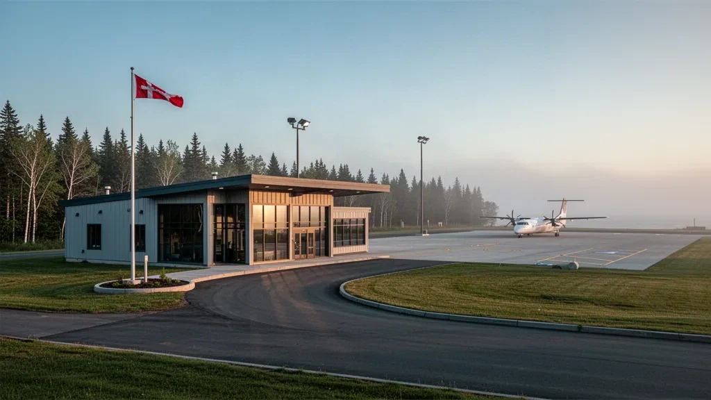 Terminal moderne de faible hauteur et aire de trafic ouverte à l'aéroport de Yarmouth en Nouvelle-Écosse sous une chaude lumière dorée côtière, avec un turbopropulseur régional stationné à proximité