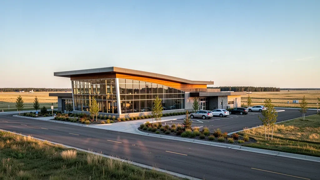 Extérieur moderne du terminal en verre et en bois de l'aéroport régional de Red Deer en Alberta, encadré par le ciel des Prairies et une voie de dépose tranquille à l'heure dorée