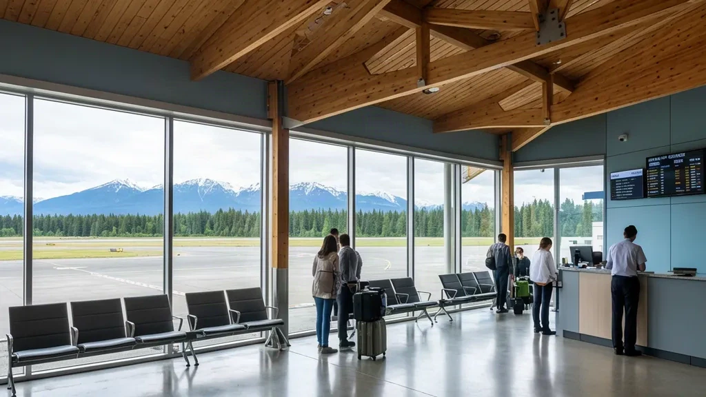 Interno del terminal dell'aeroporto internazionale di Comox Valley in British Columbia con viaggiatori, soffitto in legno e viste sulle montagne.