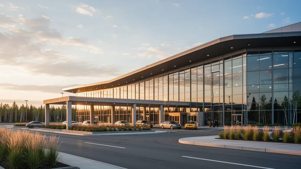New Brunswick'te altın saat ışığında Greater Moncton Roméo LeBlanc Uluslararası Havalimanı'ndaki modern cam terminal binasının dış görünümü