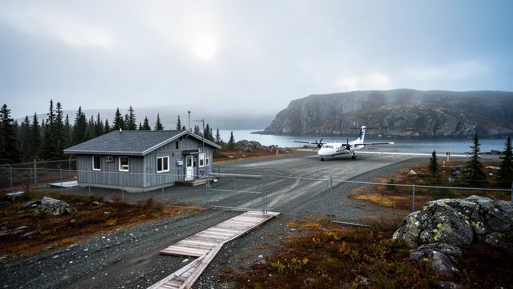 Piccola pista in ghiaia e modesto edificio terminal presso il remoto aeroporto di Rigolet sulla nebbiosa costa del Labrador