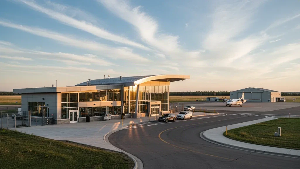 Modernes Glas-Terminal und Vorfahrtsschleife am Yorkton Municipal Airport unter einem goldenen Präriehimmel, mit freiem Raum für Reiseseiten-Inhalte