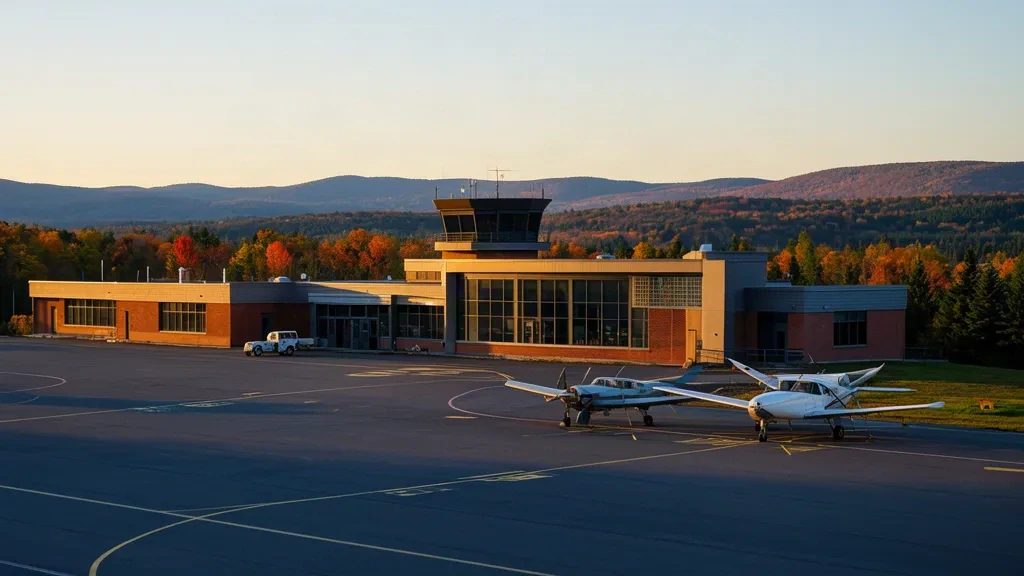 Quebec'teki Sherbrooke Havalimanı YSC'de küçük bölgesel terminal ve kontrol kulesi, altın saat ışığında apron üzerinde park etmiş hafif uçaklar