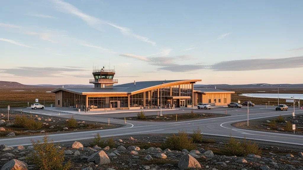 Quebec, Nunavik'teki Kuujjuaq Havalimanı'nda altın saat ışığı altında parke taşlı indirme şeridi ve açık subarktik tundraya bakan modern cam ve ahşap terminal