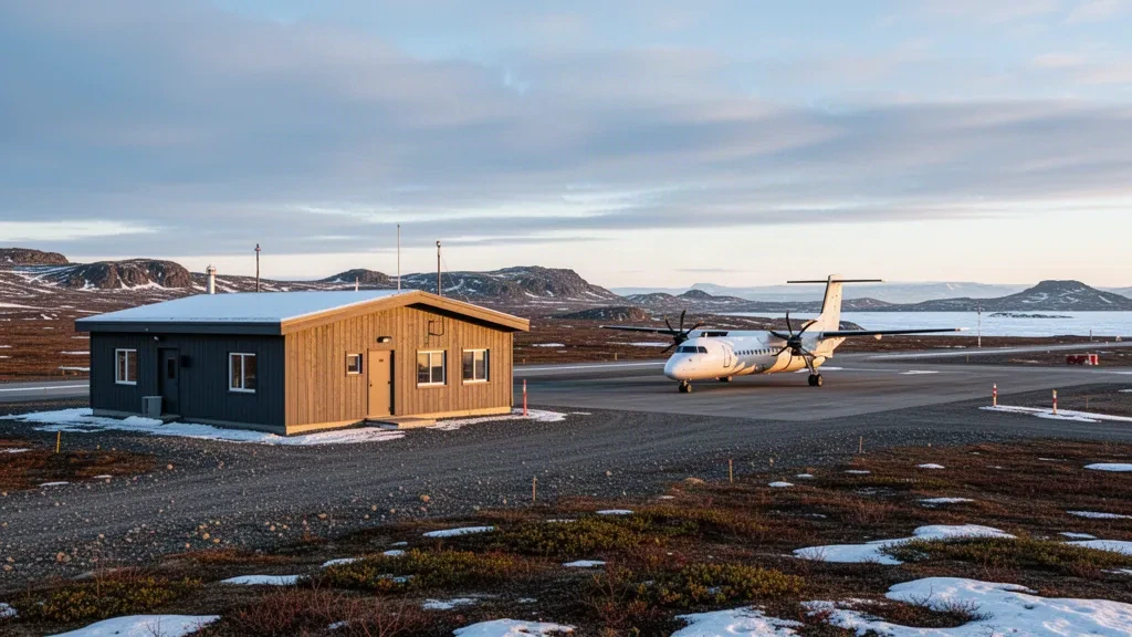 Pista de grava y pequeña terminal ártica en el Aeropuerto de Naujaat, en Nunavut, bajo un amplio cielo polar de luz tenue