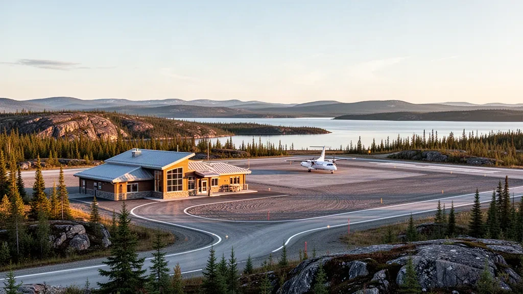 Terminal e pista di un aeroporto di comunità remota a Déline, Territori del Nord-Ovest, illuminati dalla luce dorata del tramonto vicino al Great Bear Lake