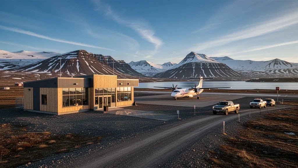 Weitwinkelansicht des Terminals des Flughafens Pangnirtung und der Schotterpiste in Nunavut, Kanada, umgeben von arktischen Bergen zur goldenen Stunde.