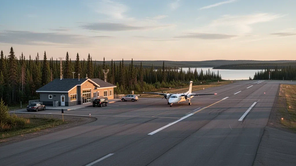 Terminal et piste de l'aéroport de Lynn Lake, dans le nord du Manitoba, entourés de forêt boréale.
