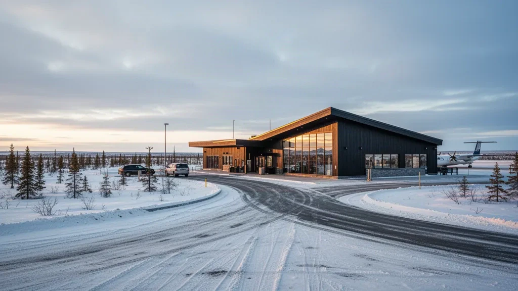 Exterior moderno de la terminal del Aeropuerto de Churchill en Manitoba, rodeado de tundra subártica nevada y una suave luz diurna del norte