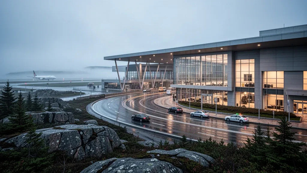 Newfoundland'daki St. John's Uluslararası Havalimanı'nda yumuşak akşam ışığı altında modern cam terminal dış cephesi ve yolcu indirme yolu