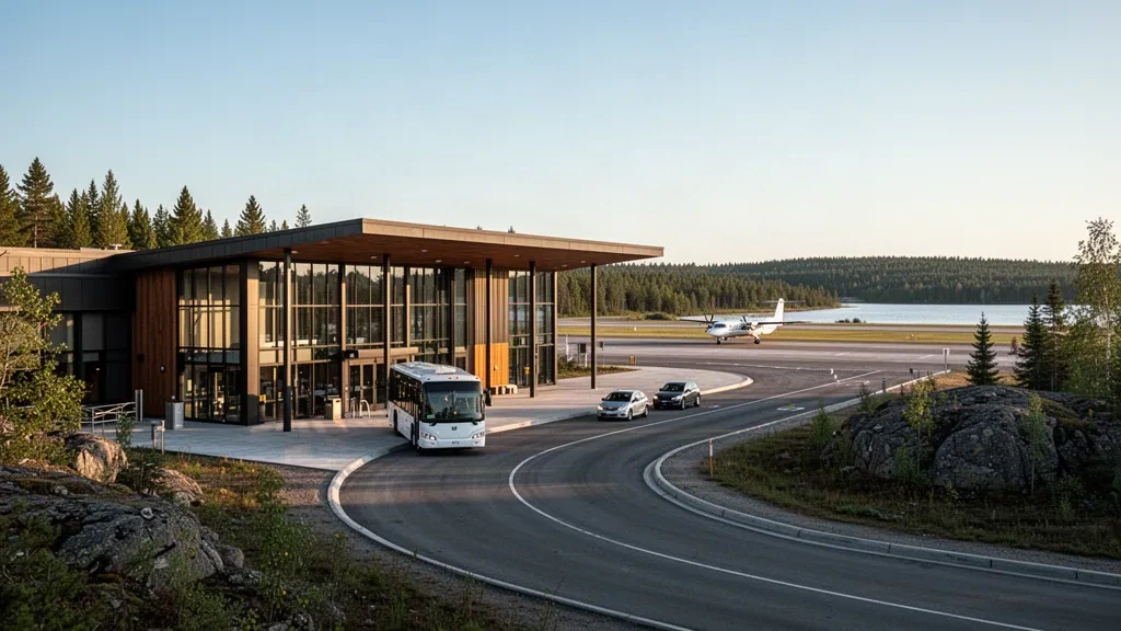 Terminal moderna de vidrio y carril de descenso en el Aeropuerto North Bay Jack Garland en Ontario, rodeada de bosque boreal a la hora dorada.