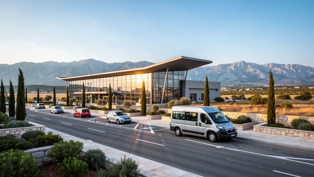 Extérieur moderne du terminal vitré de l'aéroport de Zadar en Croatie avec voies d'accès, voitures et aménagement paysager méditerranéen dans une chaude lumière dorée