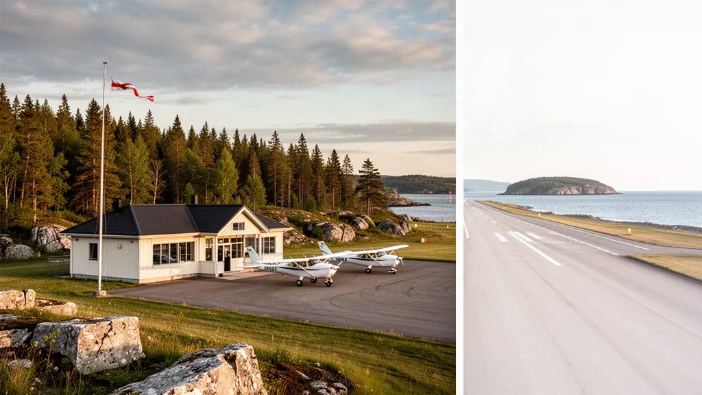 Edificio terminal bajo y avionetas estacionadas en el Aeropuerto Gore Bay-Manitoulin en la Isla Manitoulin, Ontario, con luz cálida de tarde