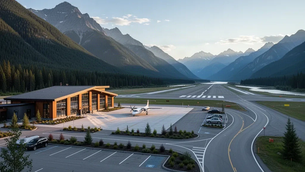 Terminal e piazzale dell'aeroporto regionale di Trail nelle montagne West Kootenay della Columbia Britannica, con un aereo turboelica e la pista sotto un cielo sereno