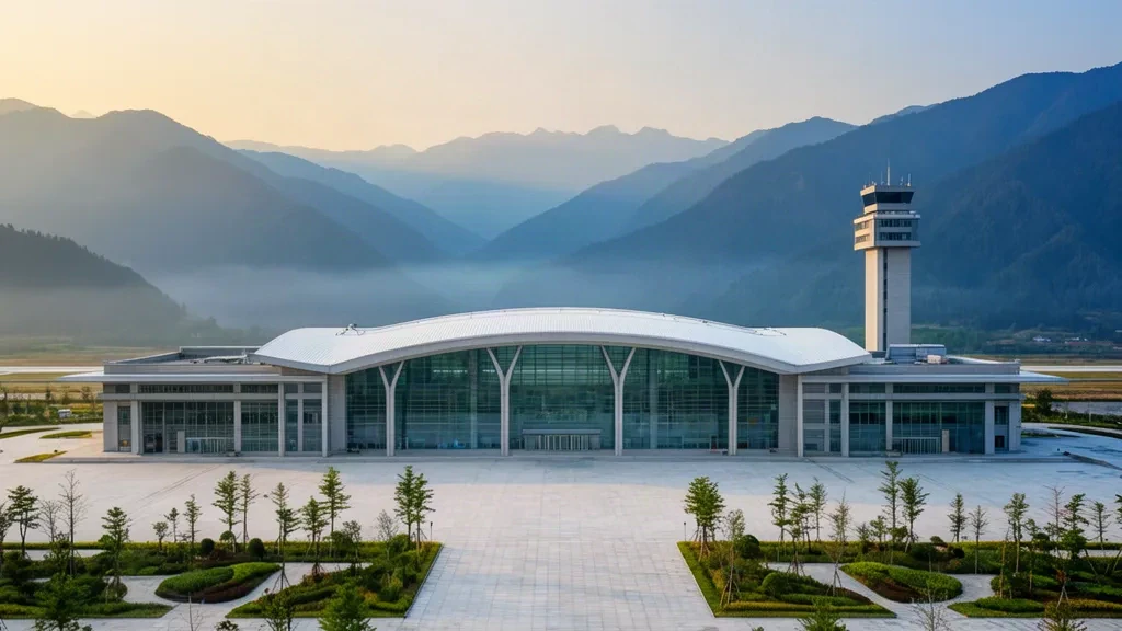 Terminal moderno in vetro e torre di controllo dell'Aeroporto di Zhaotong Zhaoyang sullo sfondo di creste montuose nebbiose nello Yunnan, Cina