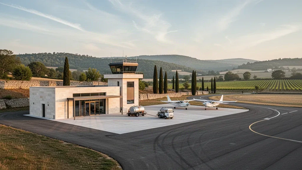 Terminal basso, piazzale e aerei leggeri all'aeroporto di Cahors-Lalbenque nella campagna del Lot sotto una calda luce serale
