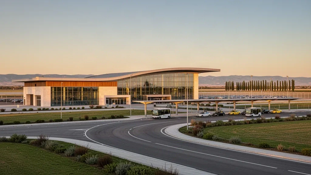 Modern glass and curved-roof terminal exterior at Zaragoza Airport in Spain at golden hour, with access roads and drop-off lanes