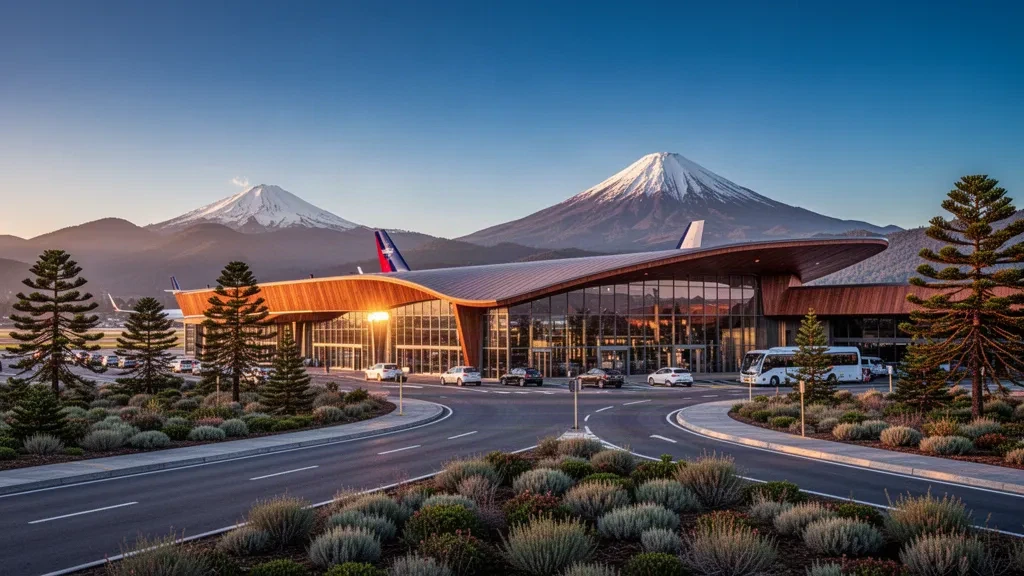 Moderne Terminalfassade am internationalen Flughafen La Araucanía bei Temuco, Chile, mit dem schneebedeckten Vulkan Villarrica dahinter zur goldenen Stunde