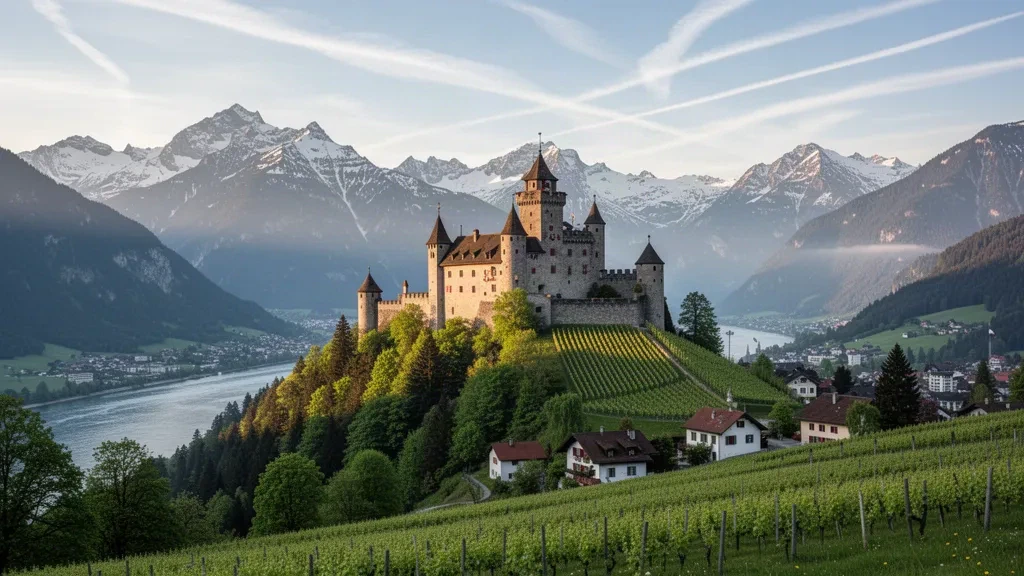 Vaduzer Schloss über dem Rheintal in Liechtenstein, umrahmt von bewaldeten Alpenhängen und Stadthäusern mit roten Dächern im warmen Nachmittagslicht