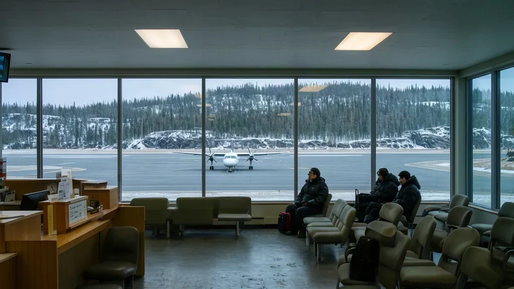 Interior de la pequeña terminal del Aeropuerto de Fond-du-Lac, en el norte de Saskatchewan, con pasajeros esperando y un turbohélice en la plataforma exterior